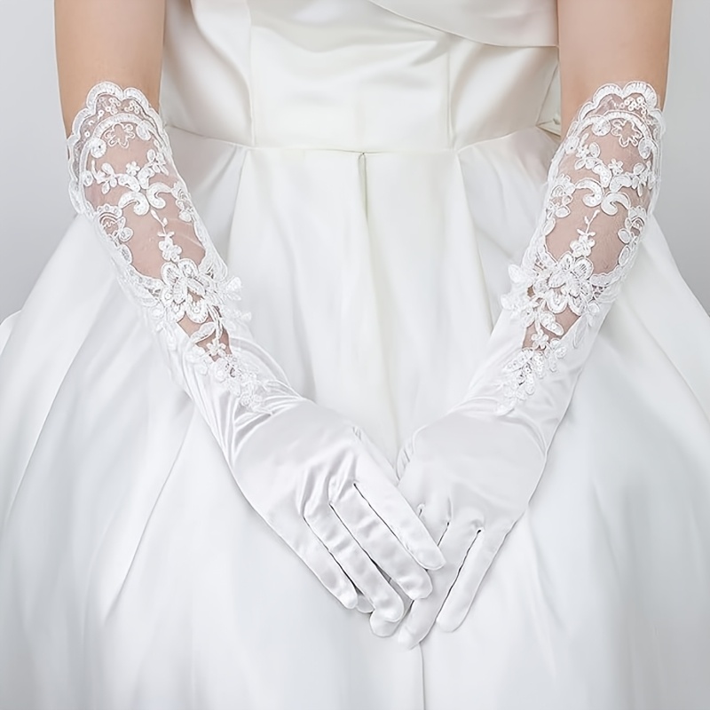 2pcs/1 Pair Ladies Wedding Gloves, Tea Party Dinner Long Gloves, Elegant Beads Lace Gloves