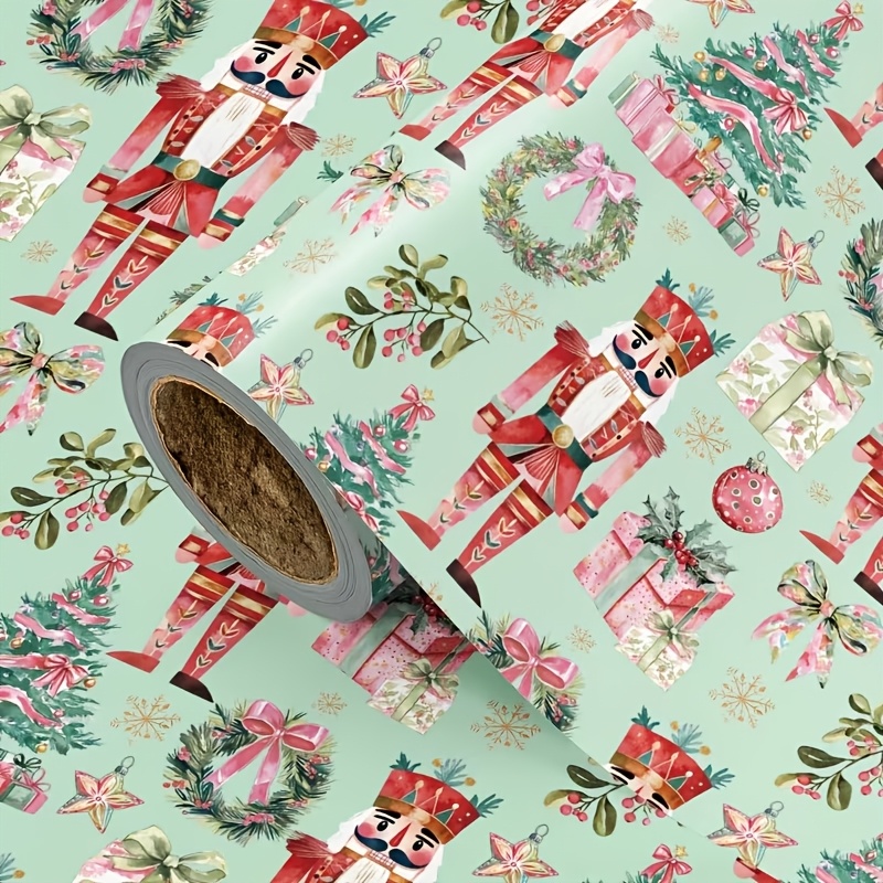 TEMU 1 Roll Of Nutcracker Christmas Wrapping Paper, Large Size Long Roll Wrapping Paper, Vintage Red Nutcracker, Trees And Wreath Design, Pink Gift