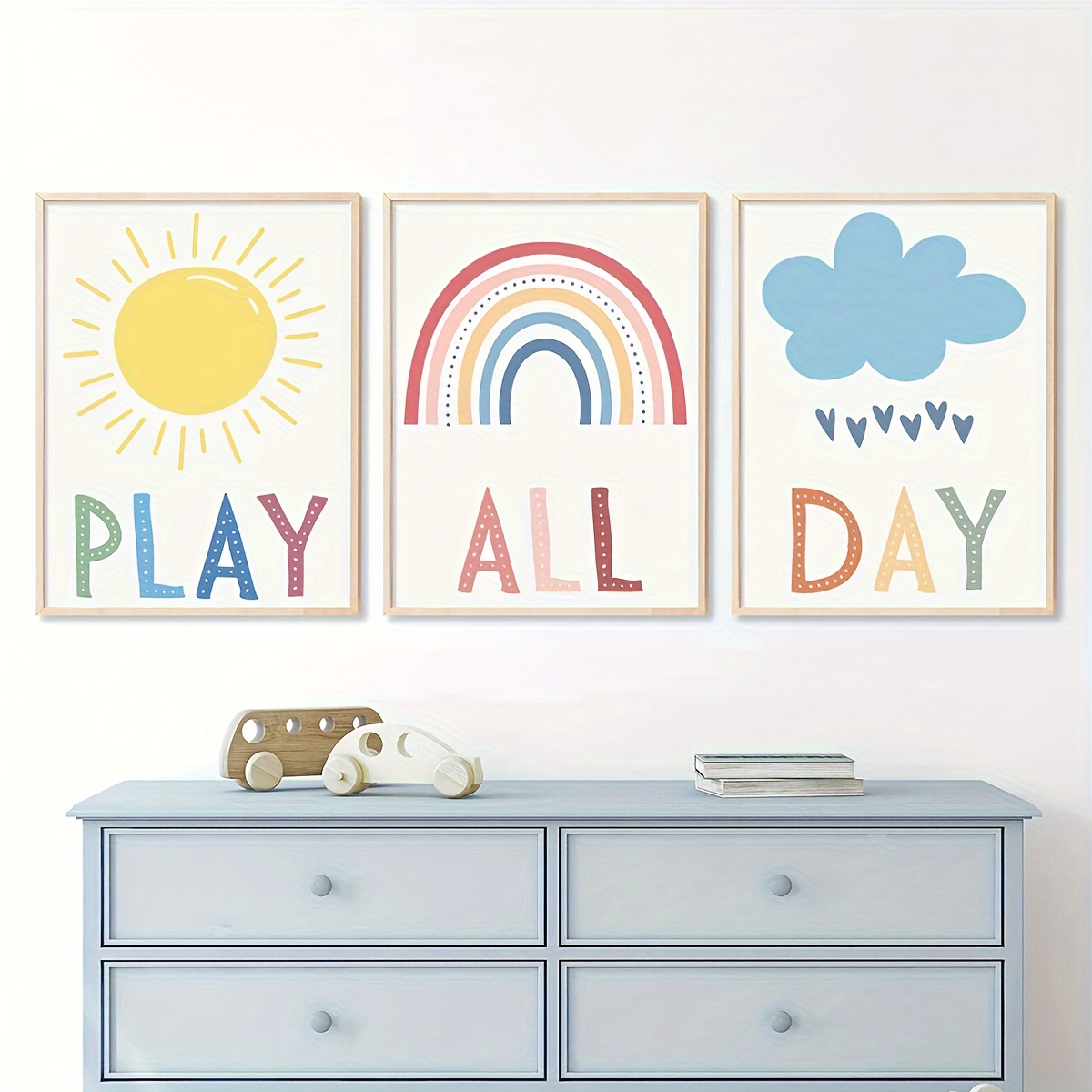 

3pcs/set Framed Canvas Poster Set Vibrant Cartoon Art Whimsical Sun Rainbow Clouds Design Perfect For Playful Wall Decor Ideal Gift For Bedroom Living Room Corridor, Winter Decor, Classroom Decoration