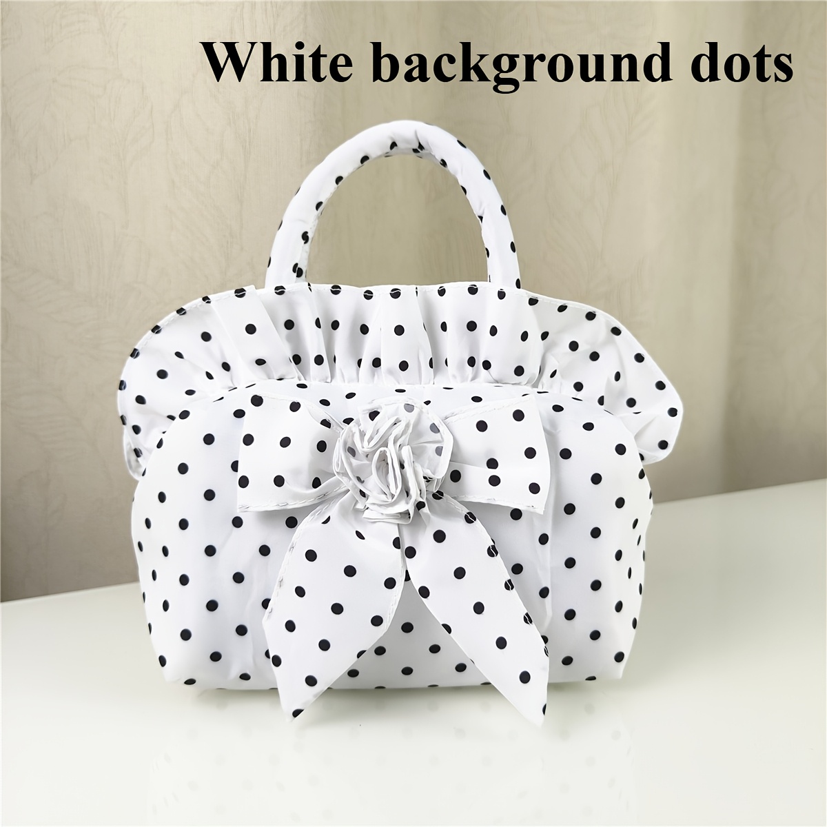 Image of Adorable Black And White Polka Dot And Coffee Dot Bow Handbag For Women. Lightweight And , With A Zipper, Use And Travel