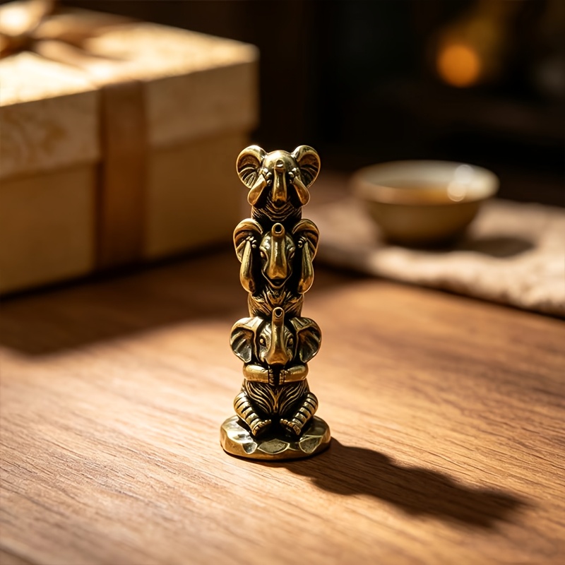 TEMU Brass 3pcs Elephant Sculpture, Each Elephant's Skin Texture Intricately Carved, Wrinkles On Ears And Legs , Suitable For Desk, Entryway, Coffee