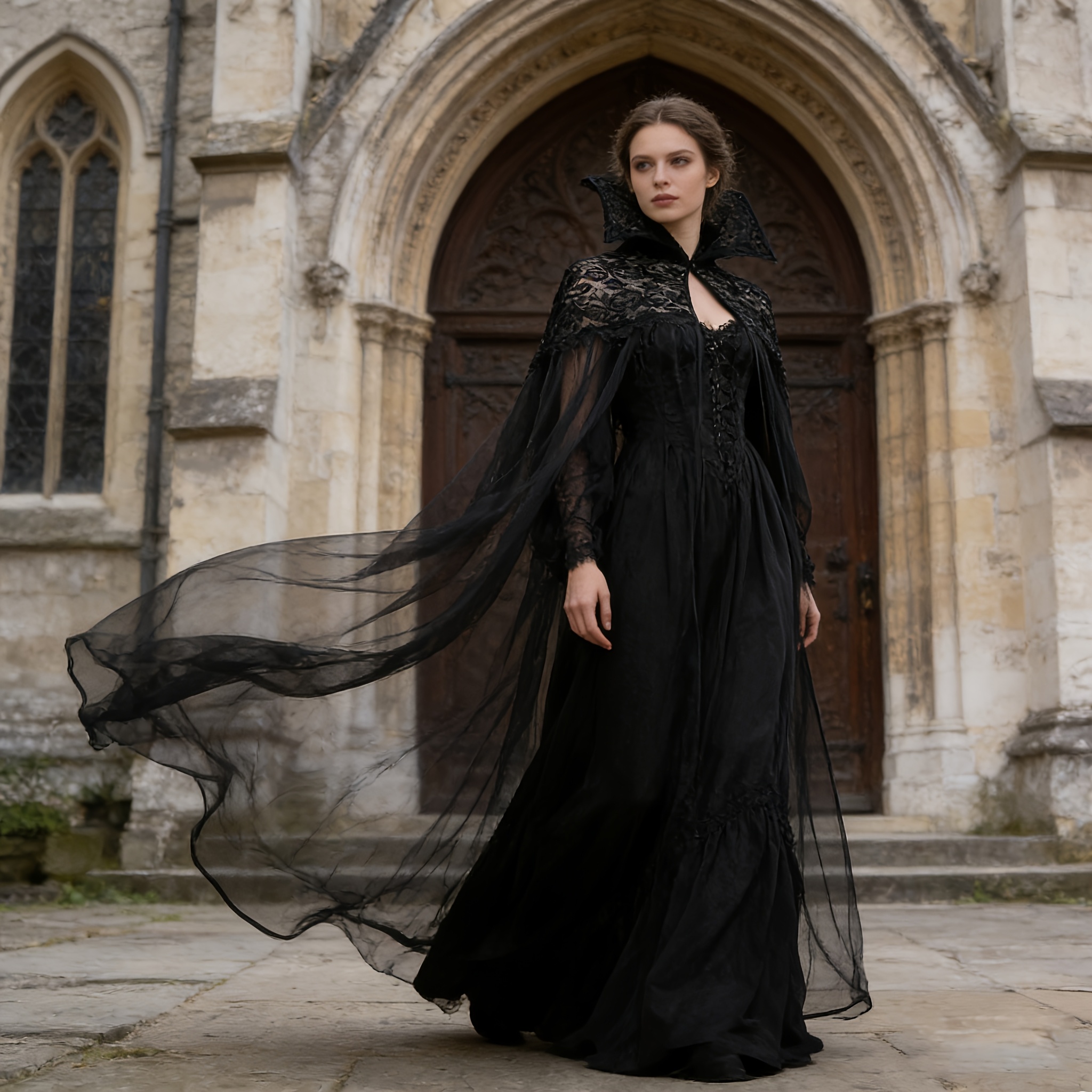 TEMU Capuche de Sorcière Vampire Gothique pour Femmes avec Col Rallongé en Dentelle, Cape Longue Debout Médiévale Renaissance Costume d'Halloween