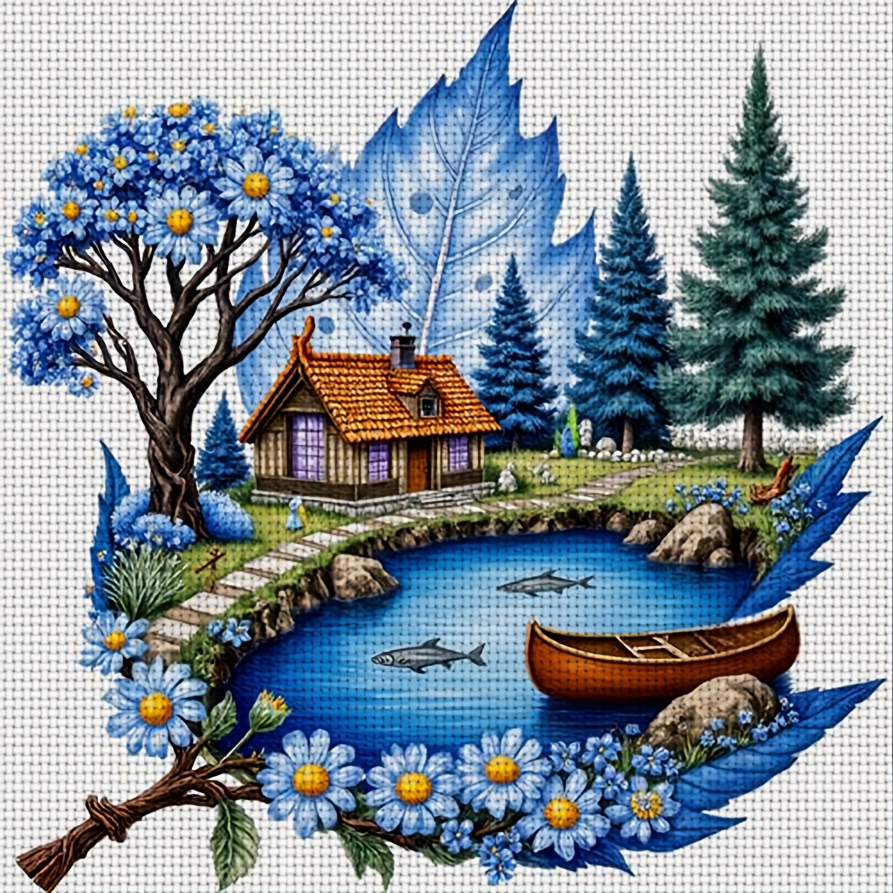TEMU 1pc Cross Stitch , Frameless, "blue Flower Lakeside Cottage" Pattern, Perfect For Beginner Relaxation And Handmade Crafting, Offering A Full