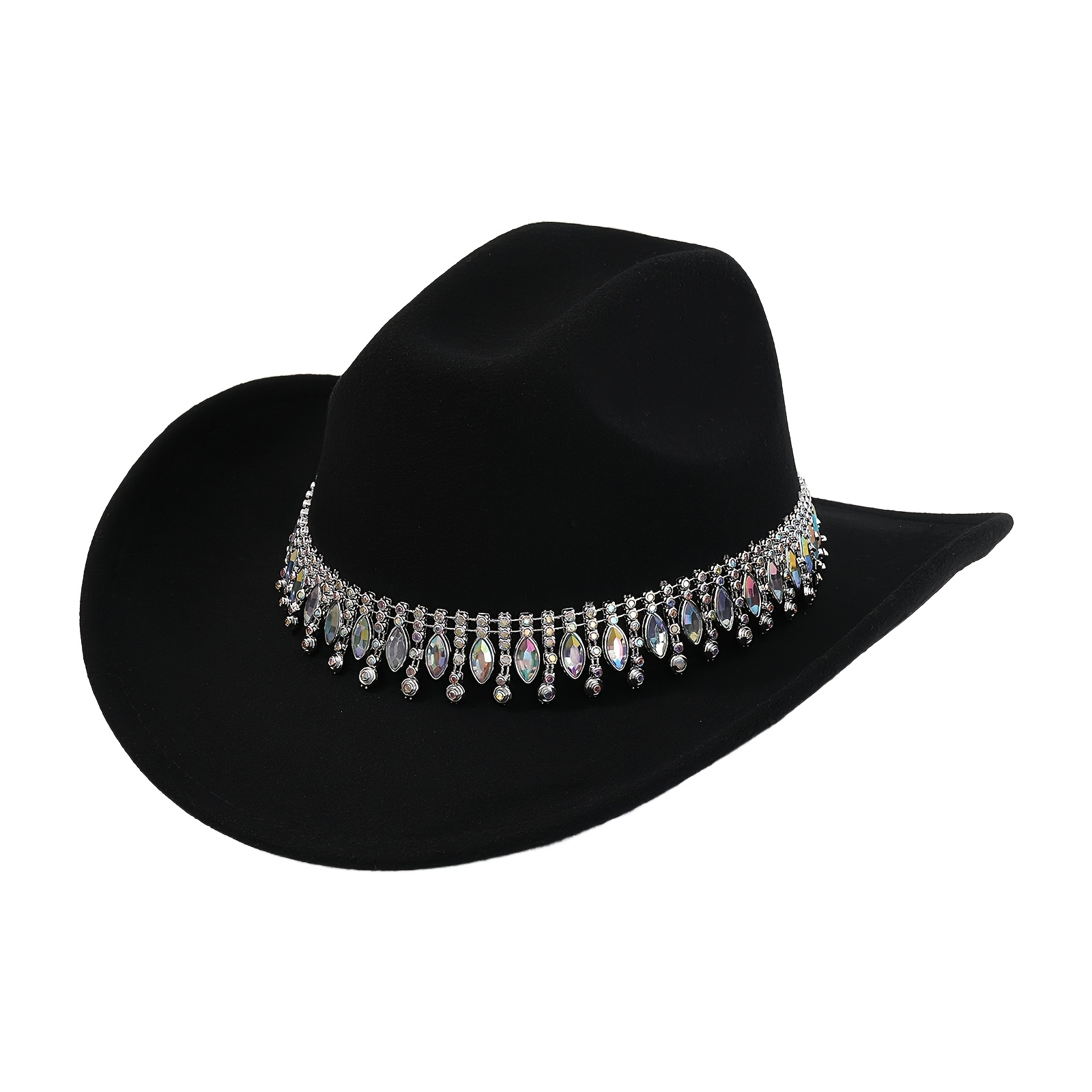 Image of Women's Retro Wide Brim Cowboy Hat With Rhinestone Chain Additions | Shiny Rhinestone Western Style Hat - Suitable For Parties, Festivals, And Everyday Wear | Lightweight, Only
