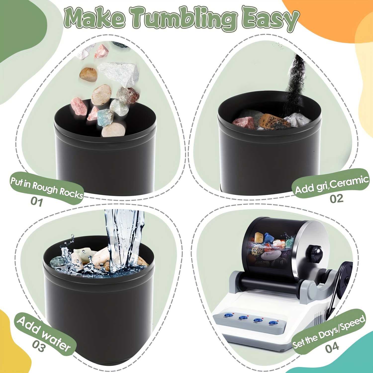 Kit Polissage De Pierres Rock Tumbler - 4 Poudres Incluses - Minuteur 7 Jours - Pour Enfants Et Adultes