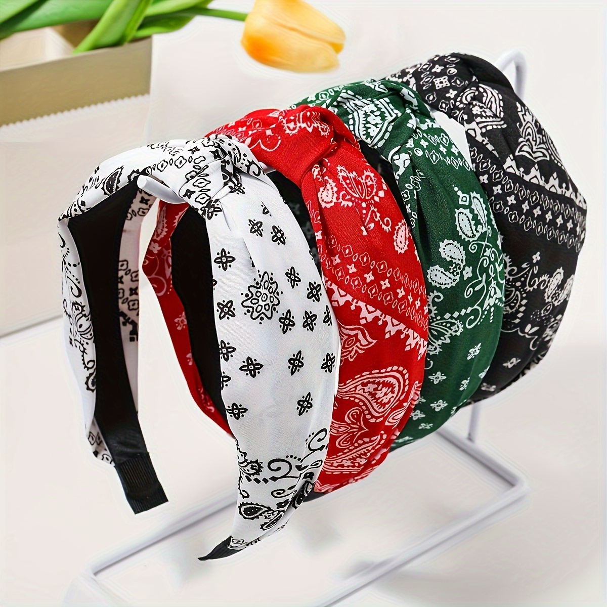 Image of 4pcs Women's Multicolor Fabric Headbands Bohemian Style Easy Print Headbands, Knotted Wide Headbands