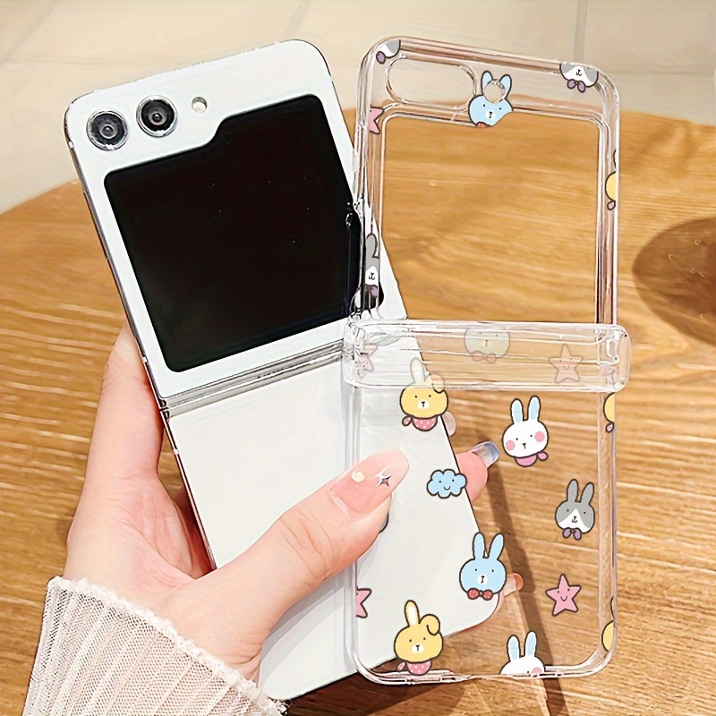 TEMU Phone Case: For Galaxy Z Flip 5 / Z Flip 6 Phone Case, Transparent Pc Hard Hinge With Cute Cartoon Rabbit Pattern, Ultra-thin Drop-proof
