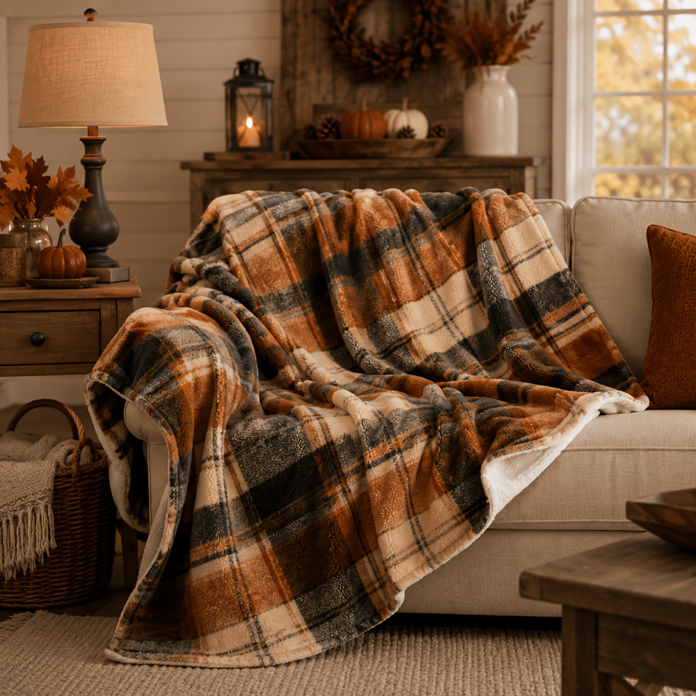 TEMU 1pc, Vintage Large Check Halloween Flannel Blanket, Burnt Orange Cream Beige Dark Soft Throw Blanket, Single-sided Print, Living Room Sofa Nap