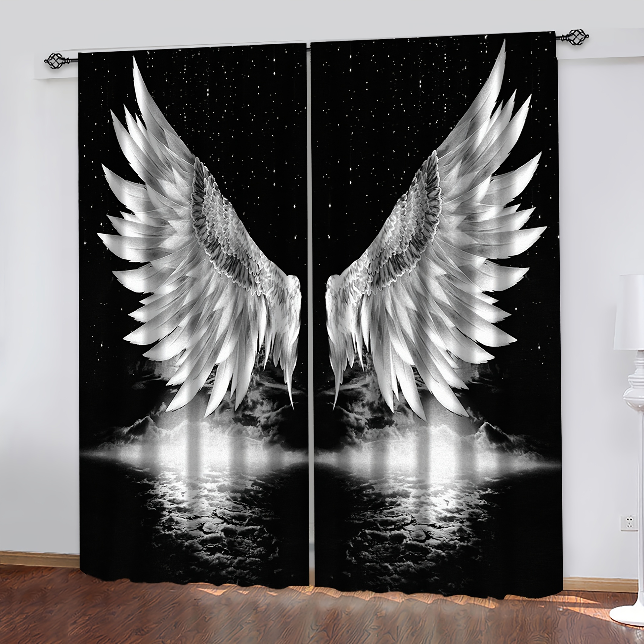 2pcs Black Art Window Curtains Wings And Stars Room Decor Drapes Panel For Bedroom Living Room Window Treatments