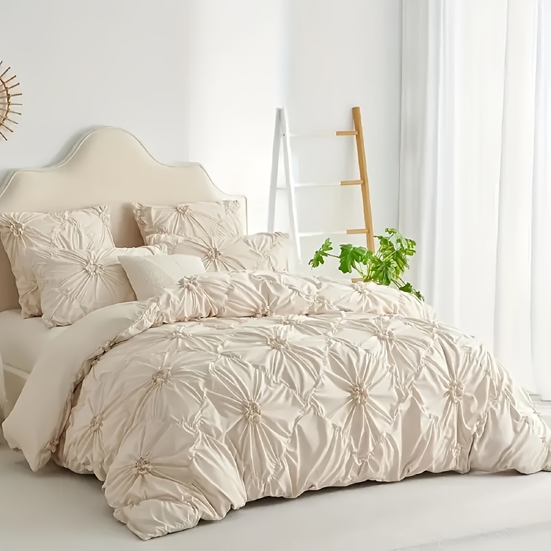 TEMU 3pcs French Cream Style 3pcs Set Of Three-dimensional Pinched Flower Quilt Covers(1 Duvet Cover + 2 Pillowcases Without Pillow Inserts), With A