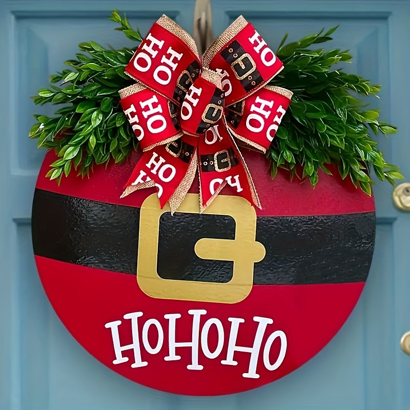 Festive Christmas Wooden Door Sign With Checkered Pattern - Artificial Greenery And Ribbon Accents, No Power Required, Christmas Decor