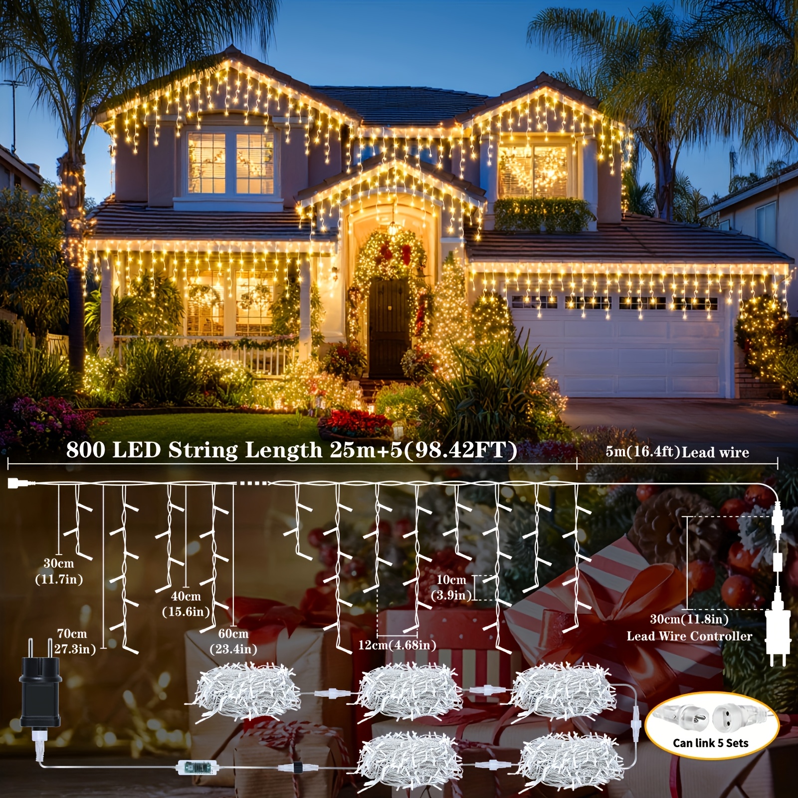 Image of Upgraded Extra Long Plug-in Icicle Lights Outdoor 98.42ft 25+5m 800led Outdoor Christmas Fairy Lights 8 Timed Remote Control Flash Lights For Christmas Roof Party Wedding