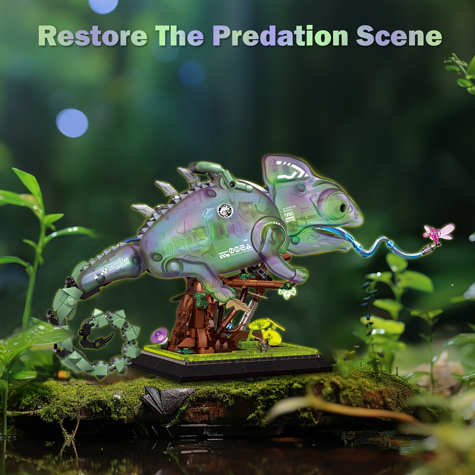 JMBricklayer Adult Building Sets Neon Body Mechanical Chameleon 70124, Cool Rainforest Animals Collectible Display Model With Base, Creative Design Building Brick For Adults 14+