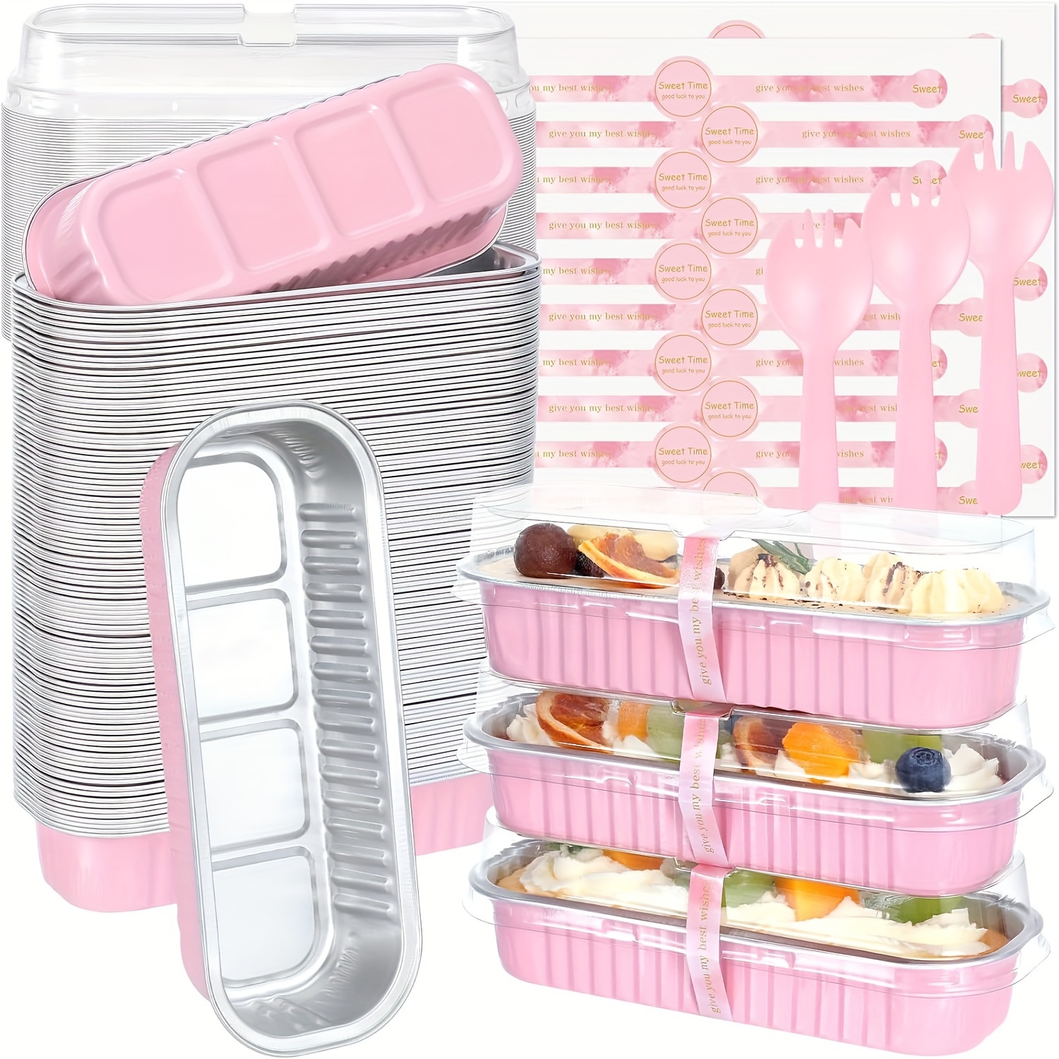 

Mini Loaf Pans With Lids And Spoons, 100 Pack, Pink, 6.8oz, Rectangular Aluminum Foil Baking Pans