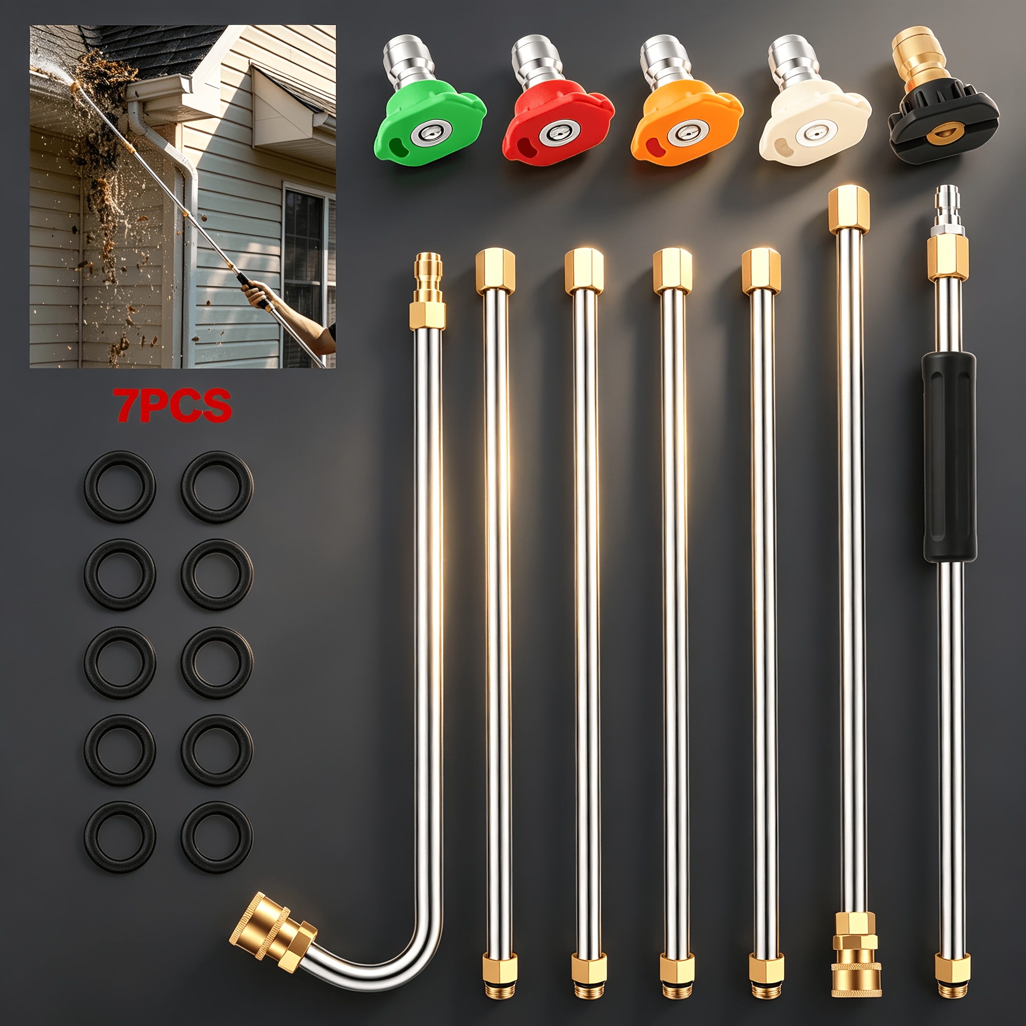 TEMU High Pressure Washer Extension Pole Kit 4000 Psi, 7pcs Set With 120° Curved Wand, Rust-resistant Brass & Steel, Adjustable Length, No Ladder