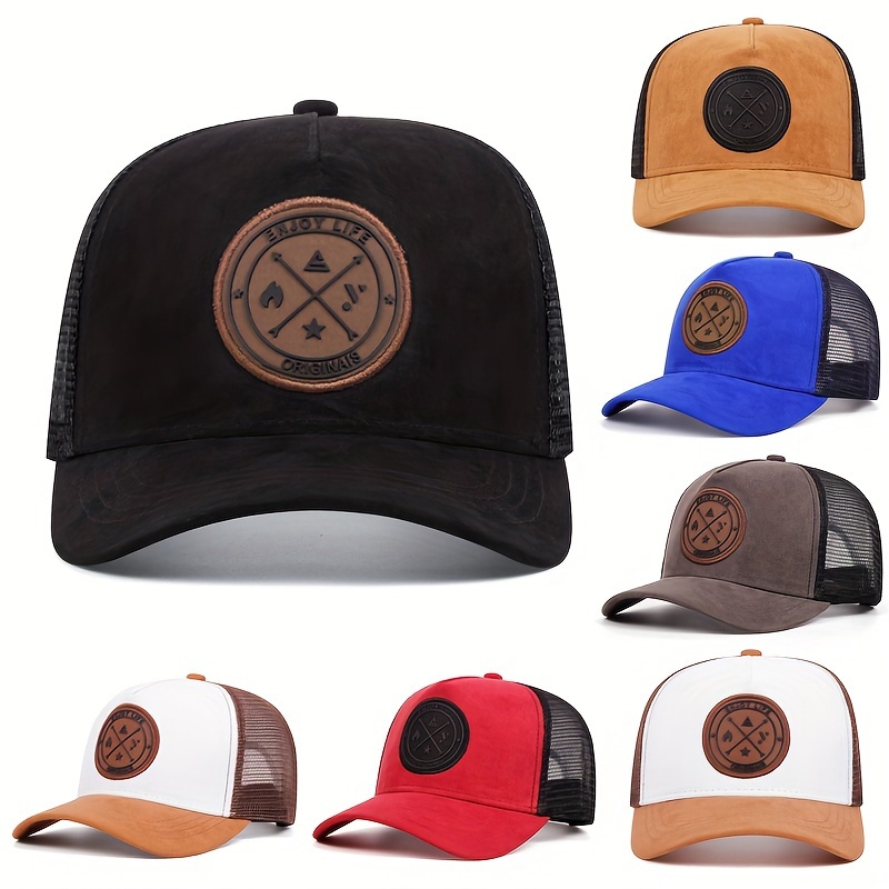 

Adjustable Suede Baseball Cap With Patch - Breathable Mesh Back, Snap Closure, Lightweight Trucker Hat In Black, Blue, Brown, , Baseball Hat