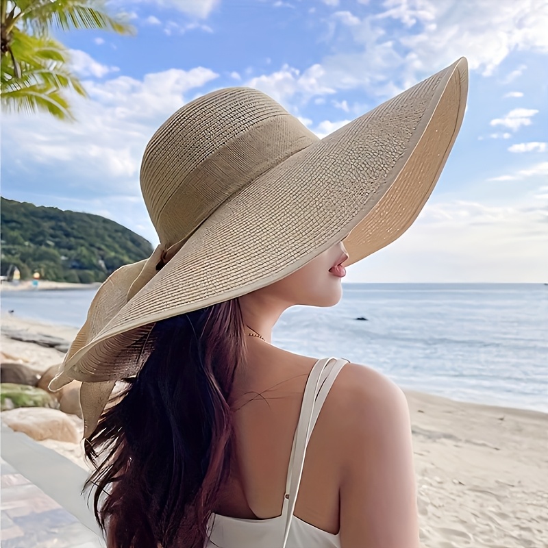 TEMU 1pc Women's Oversized Wide Brim Hat, Foldable And Breathable, With Adjustable Bow, Lightweight And Portable, Easy To Store, Beach Vacation