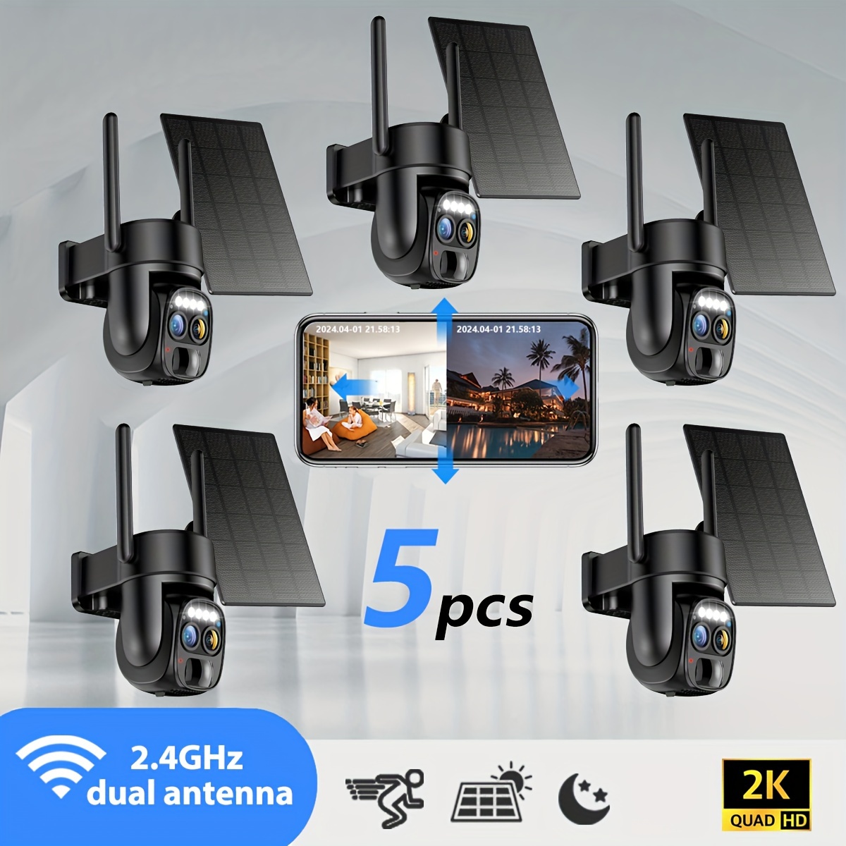 

5pcs [10x ] 360-degree Low- Panel Battery 2k Fhd Wifi With Spotlight Alarm, Motion Detection, Color Night Vision, Audio And.