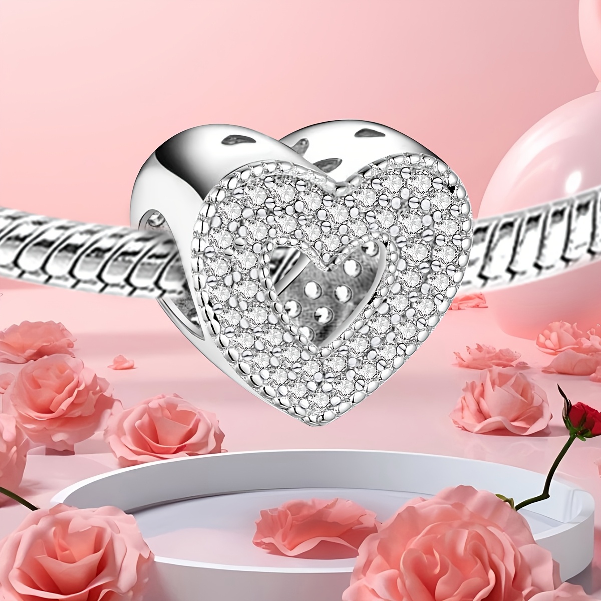 Women's 925 Silver Plated Double-Row Heart Beaded Pendant
