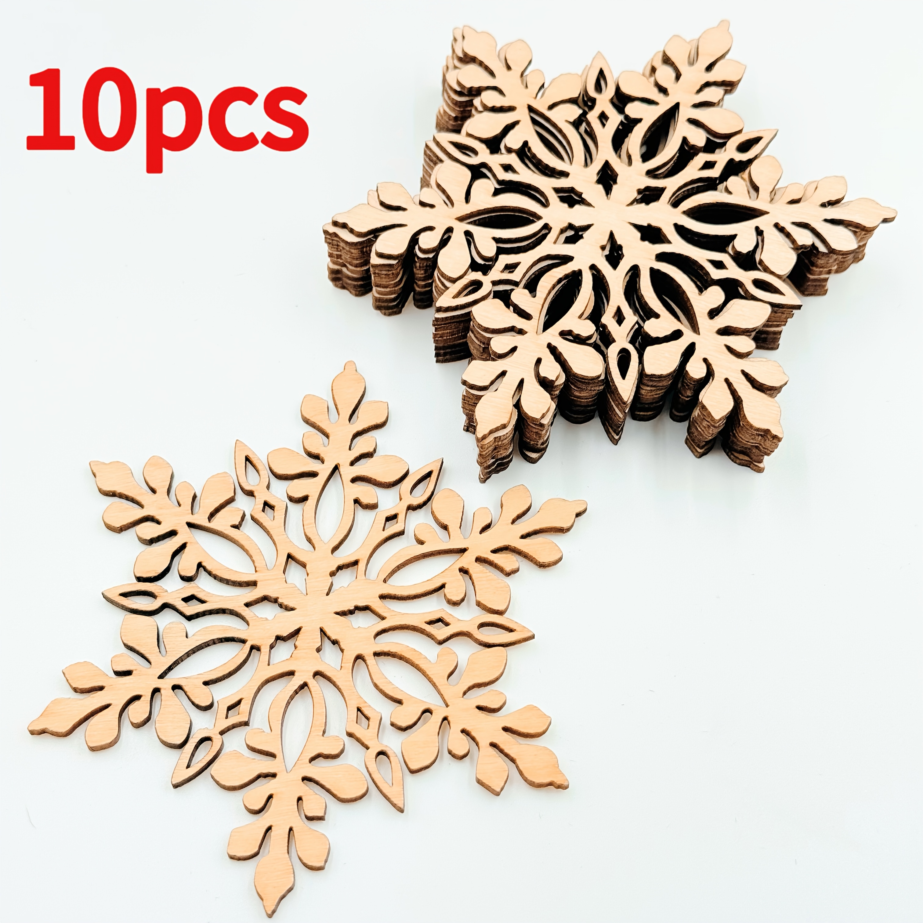 Image of Set Of 10 Assorted Wooden Snowflake Cutouts For Christmas Crafts, Perfect As Embellishments Or Gift Tags For Weddings