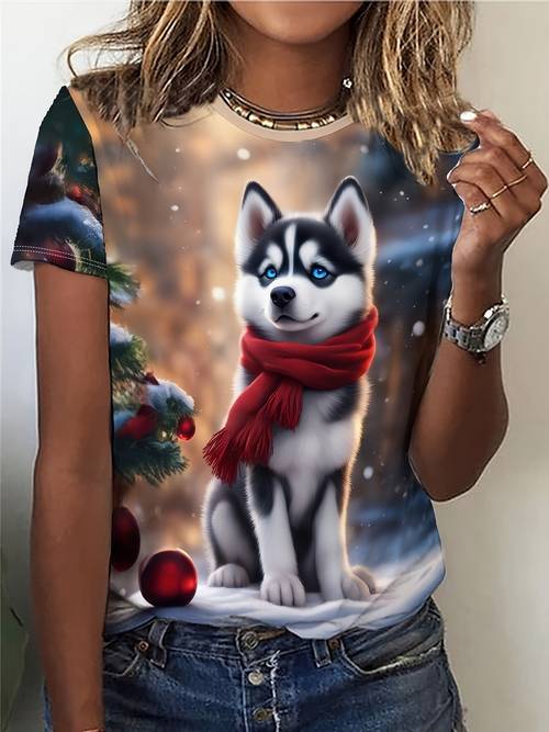 hund druck rundhals t-shirt, casual kurzarm top für frühling & sommer, damenbekleidung