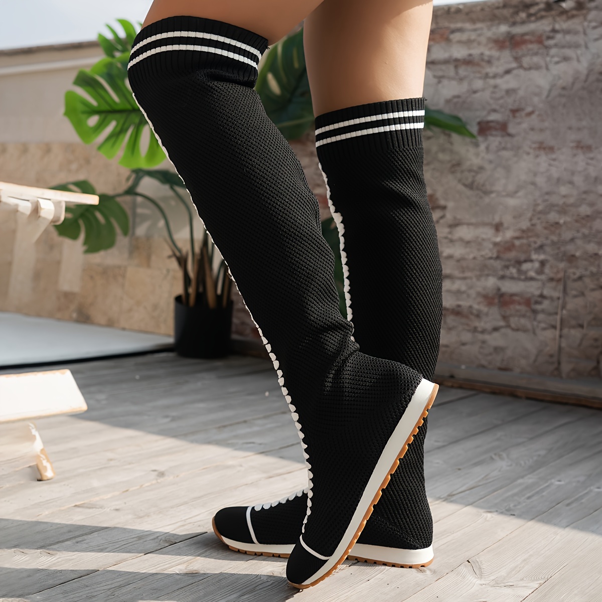 women s contrast color boots casual slip knee boots details 2