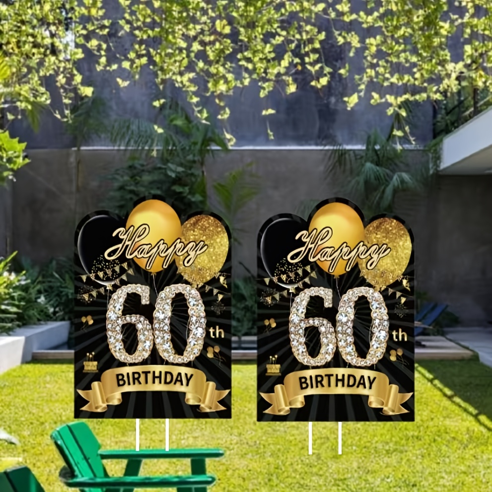 

A Pair Of Sparkling 60th Birthday Signs For The Garden, Outdoor Lawn, And Yard Decorations For A 60th Birthday Party.