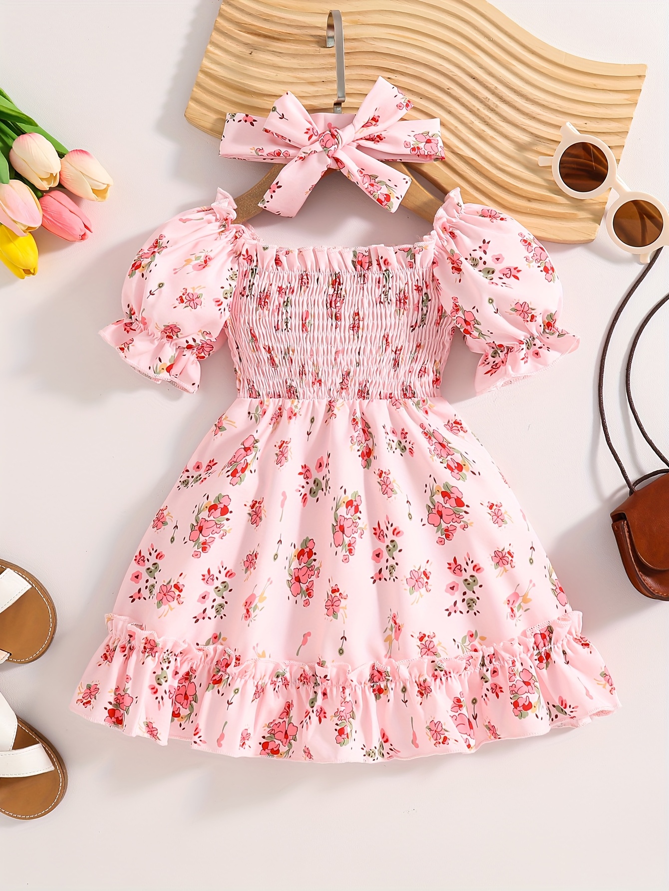 baby girl's summer dress with puff sleeves square neckline