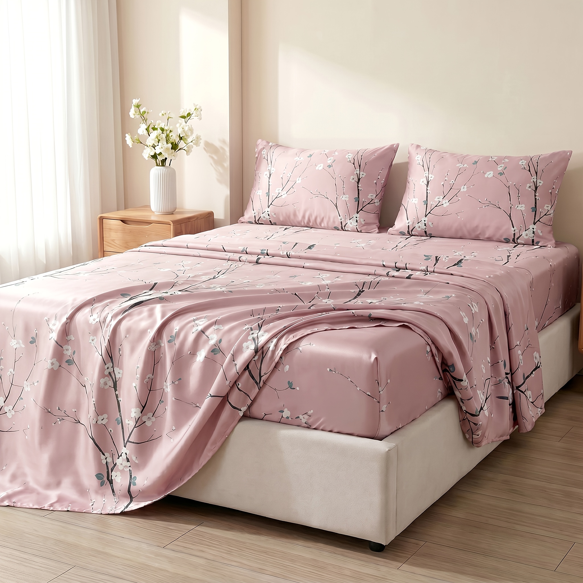 TEMU 4pcs Multicolor Floral Fitted Sheet Flat Sheet Pillowcase Four-piece Set (1 Fitted Sheet + 1 Flat Sheet + 2 Pillowcases, Pillow Inserts Not