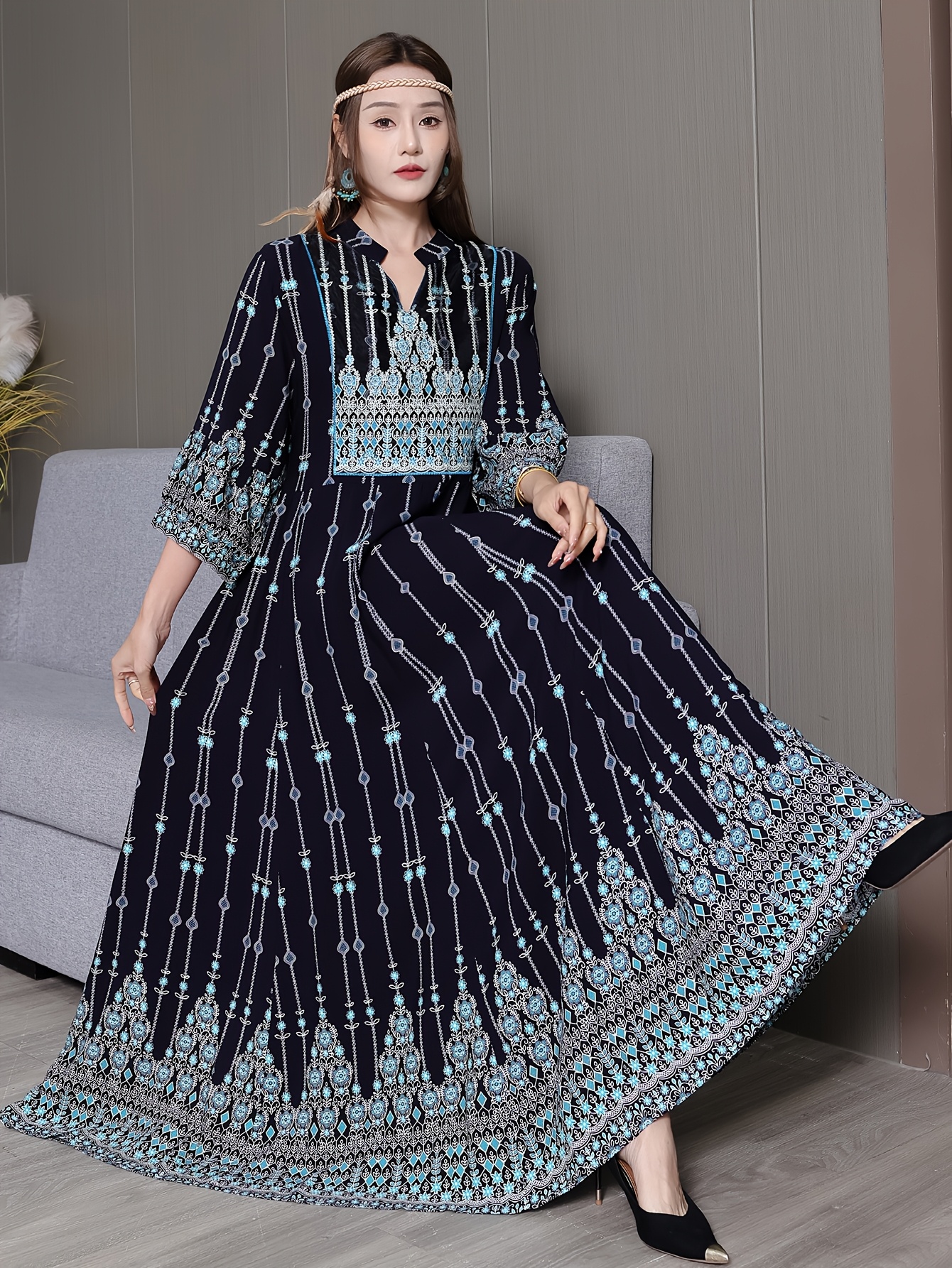 Bohemian Embroidered Maxi Dress Vintage Style, Stand Collar, Belted,  Sleeve, Flared Hem, Casual Beach Vacation Travel Dress, Polyester Wear, 