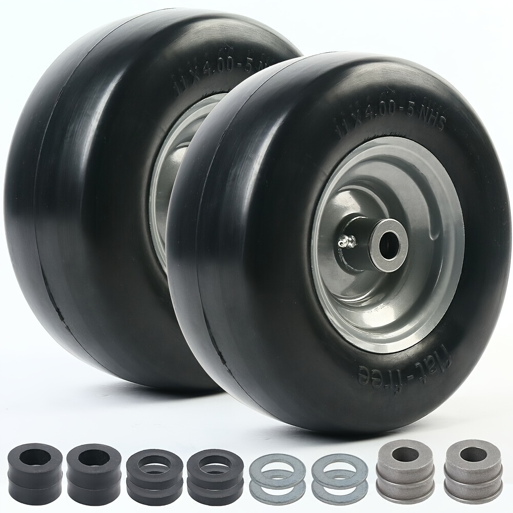 

2 Packs, 11x4.00-5'' Flat Free Lawn Mower Tire And Wheel, 3/4" Or 5/8" Bushings, 3.4"-4"-4.5"-5" Centered , Smooth Tread Tire For 0 Turn Mowers