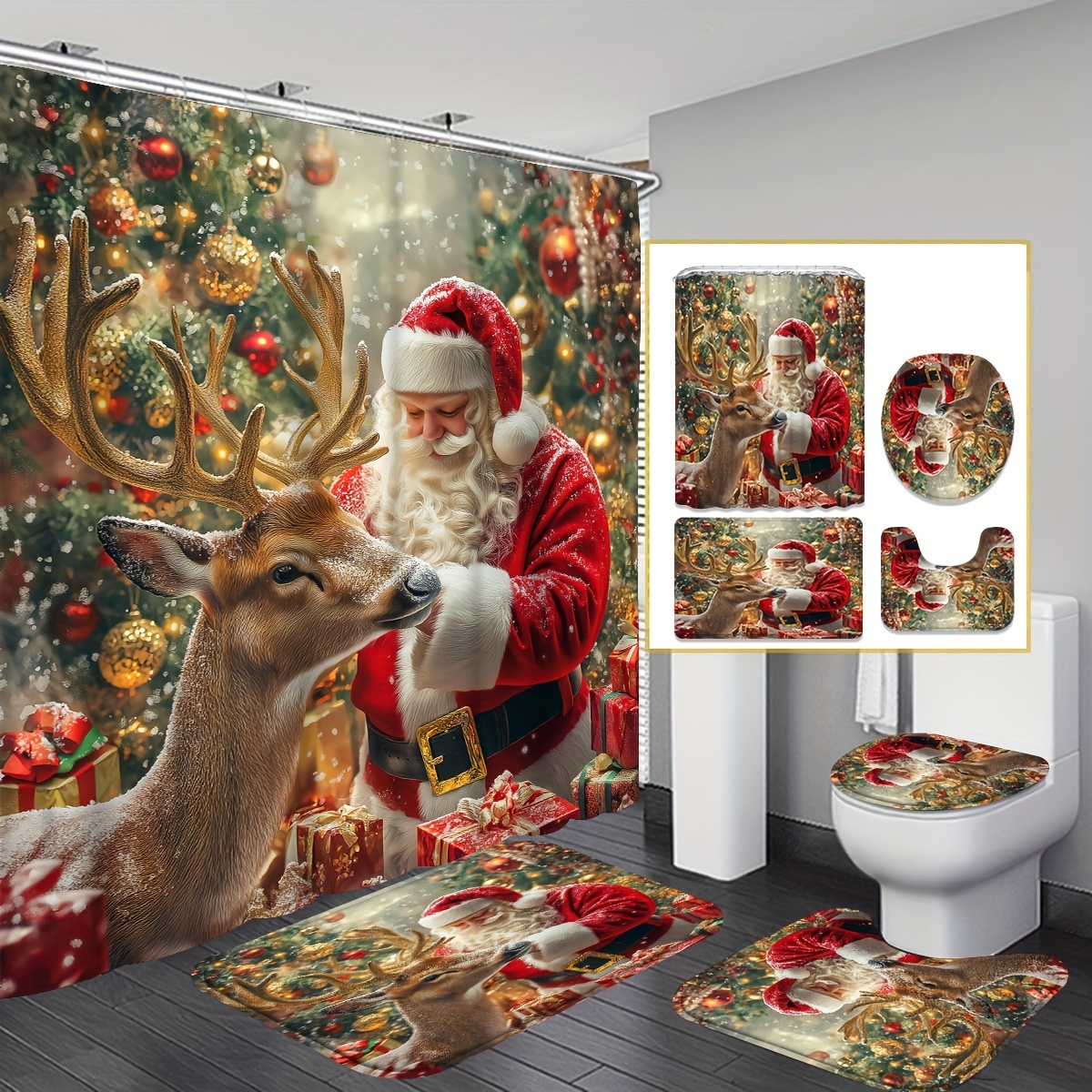 

1/4pcs And Shower Curtain Set, Christmas , Bathroom Shower Curtain Decoration, Includes 12 , Bath Mats, U-shaped , Suitable For Christmas Decoration