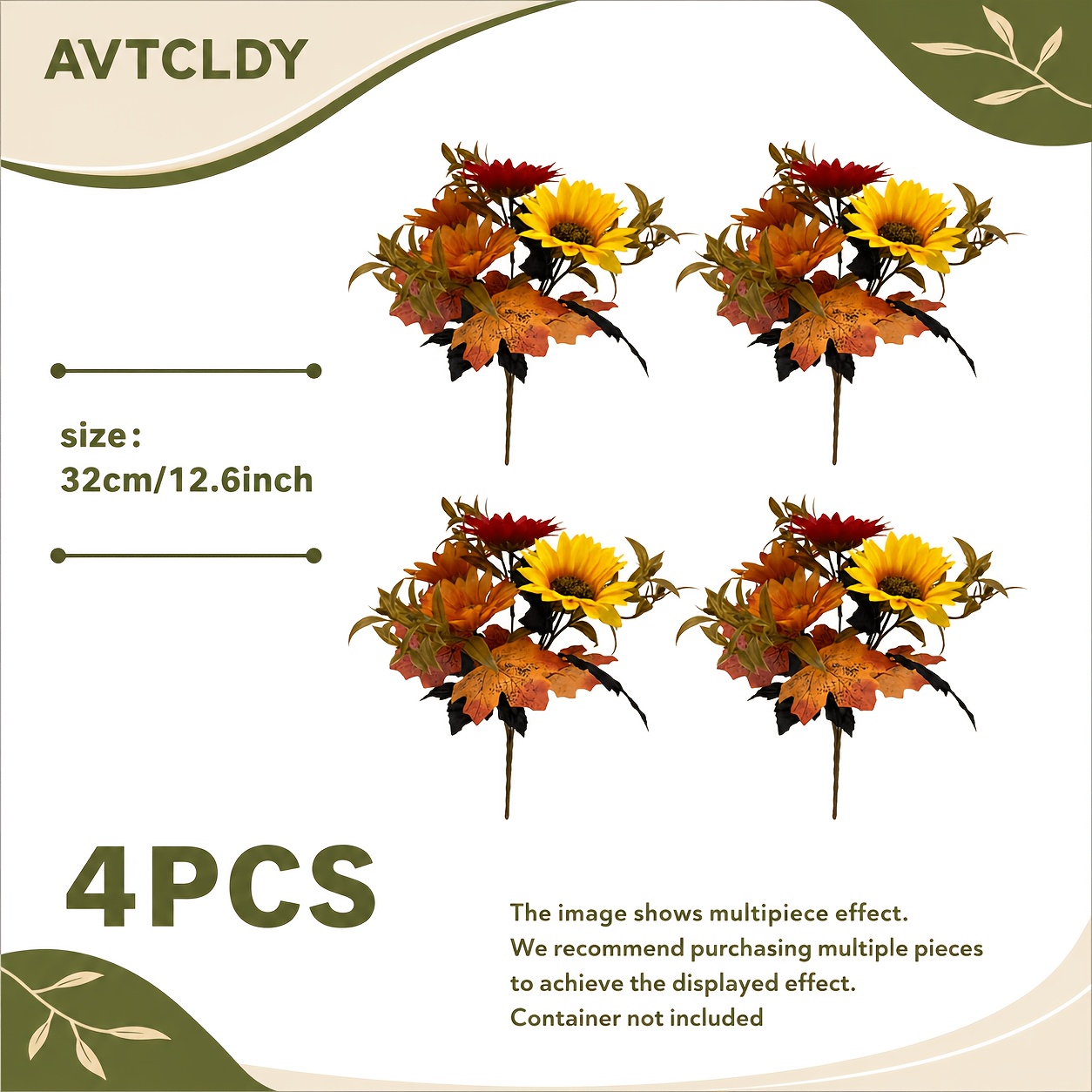 TEMU 4pcs Tournesols de simulation d'automne, fausses fleurs, bouquet décoratif de des citrouilles pour Halloween et Thanksgiving, feuille d'érable