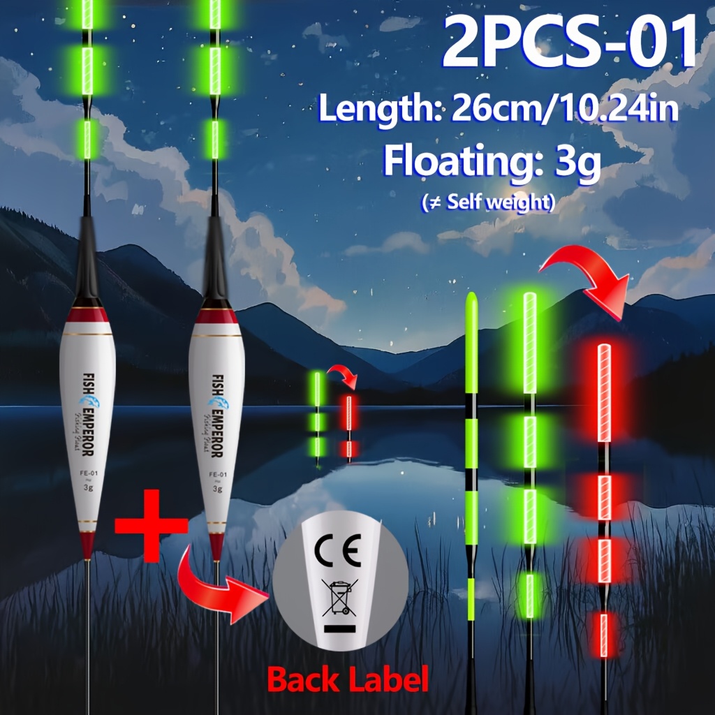 TEMU 2 броя Умни Плаващи Поплавъци с Промяна на Цвета и Нощно Сияние за Риболов, Тегло от 3г до 13г, Идеални за Морски Лодка Риболов, Бели, Аксесоари
