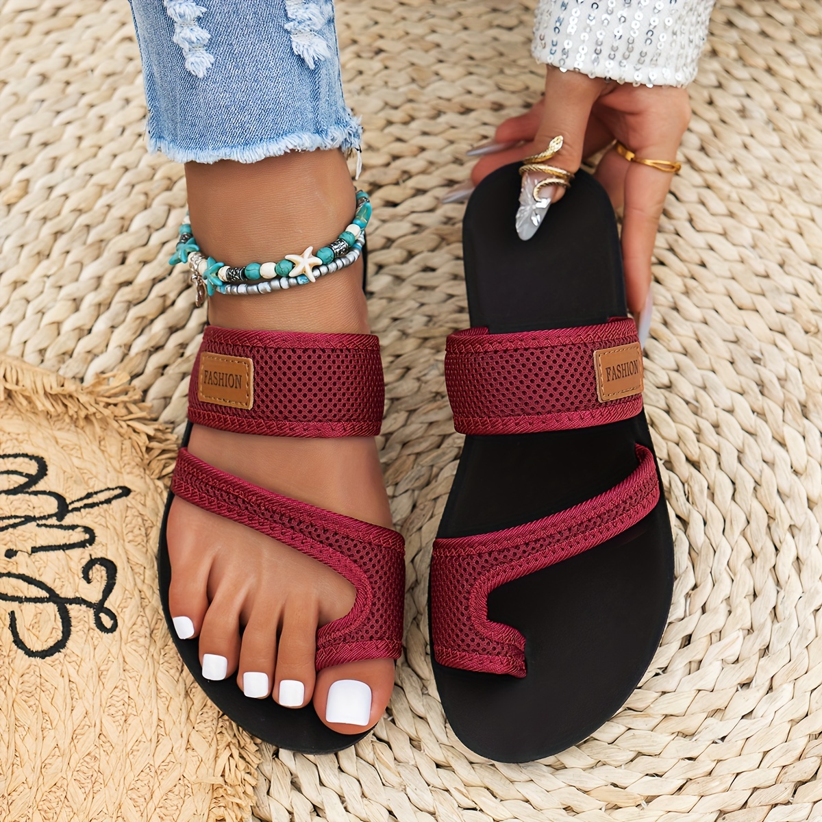 women's hollow mesh slide sandals casual loop toe flat 37 burgundy 8