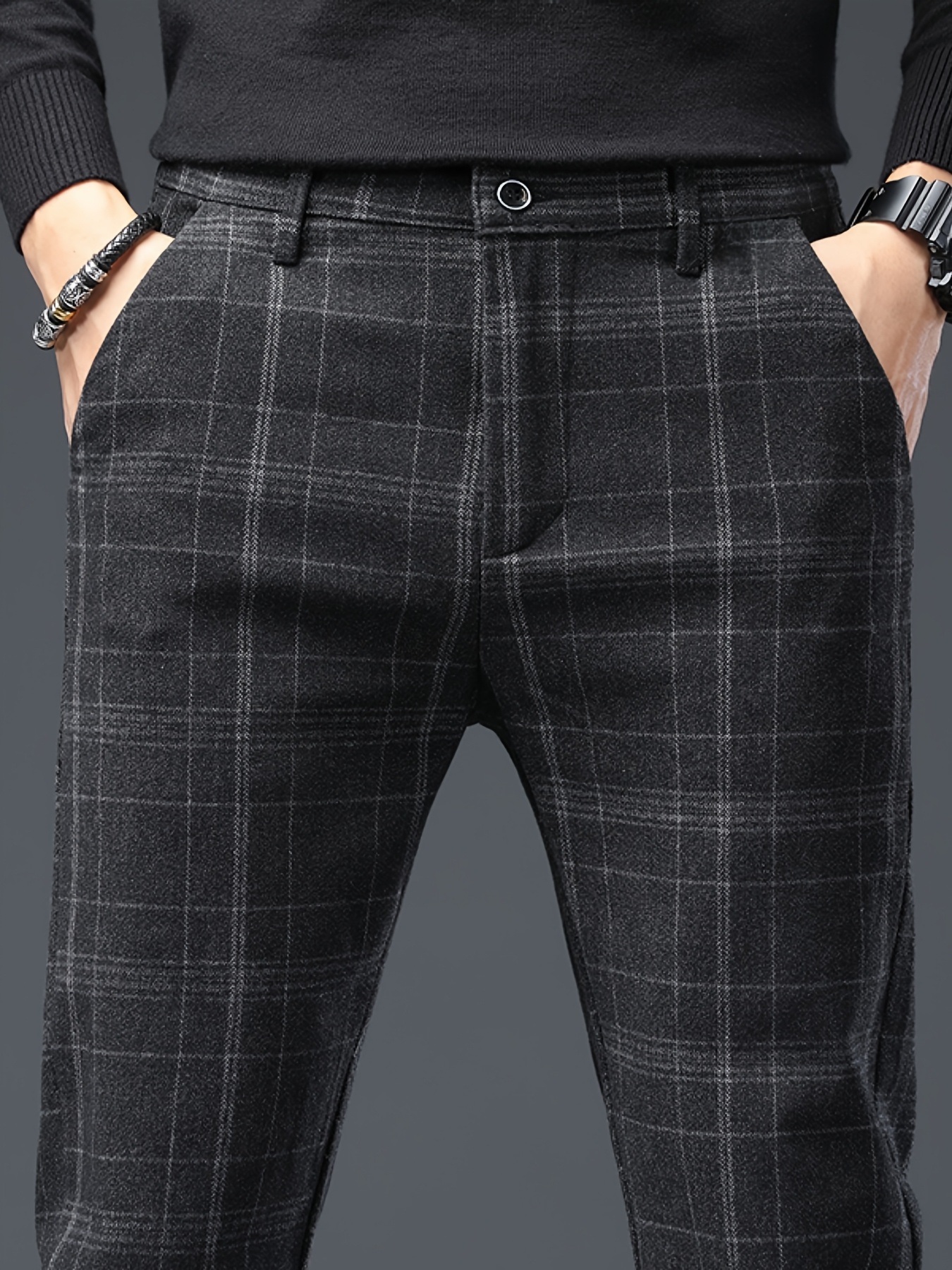 mens   fit straight leg plaid pants brushed stretchy comfortable stylish new   for autumn and winter Product details 1