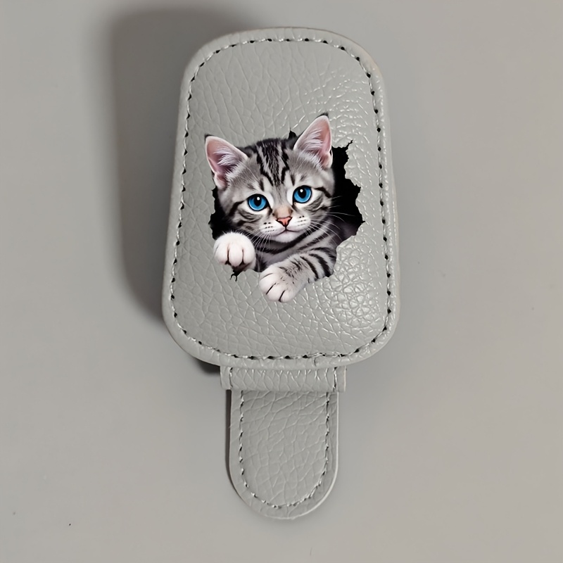 TEMU Cute Kitten Design Sun Visor Glasses Holder - Pu Material, Car Interior Magnetic Decorative Hook, Automotive Sun Visor Accessory, Suitable For Bank Cards, Credit Cards, Membership Cards