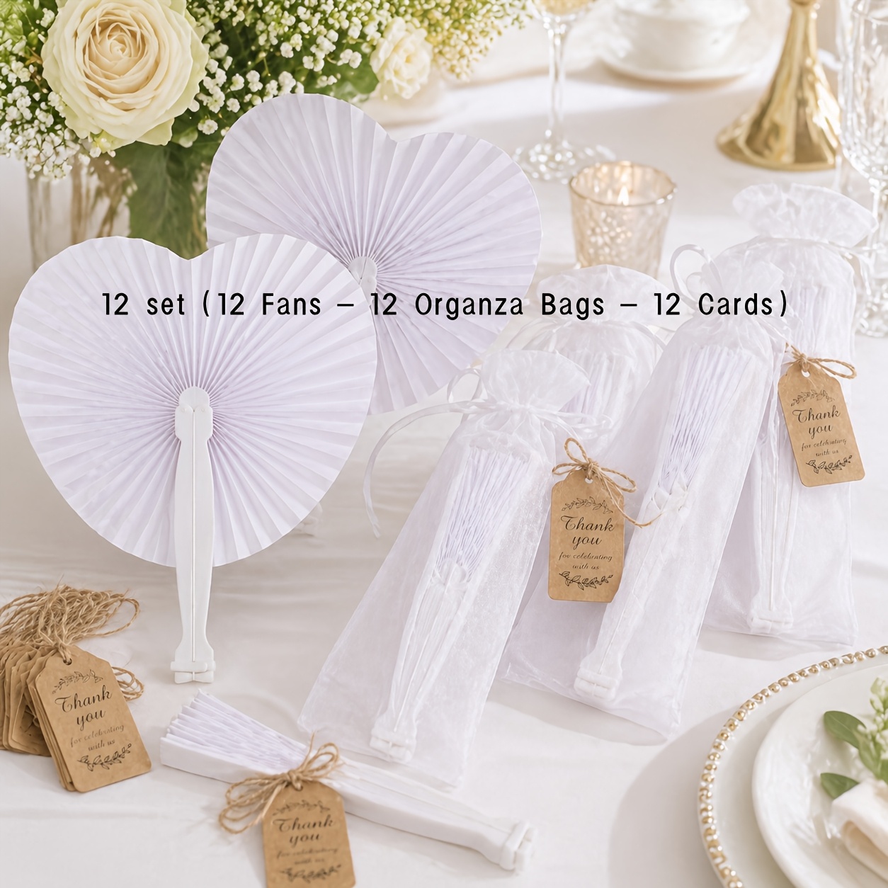 Image of Gift For Her/him Wedding Favor Folding Fan Set (18 Or 36pcs) - Includes Handheld Fans, Thank-you Cards, And Organza Bags (6 Or 12 ); Ideal As Guest Favors For Pre-wedding Parties.