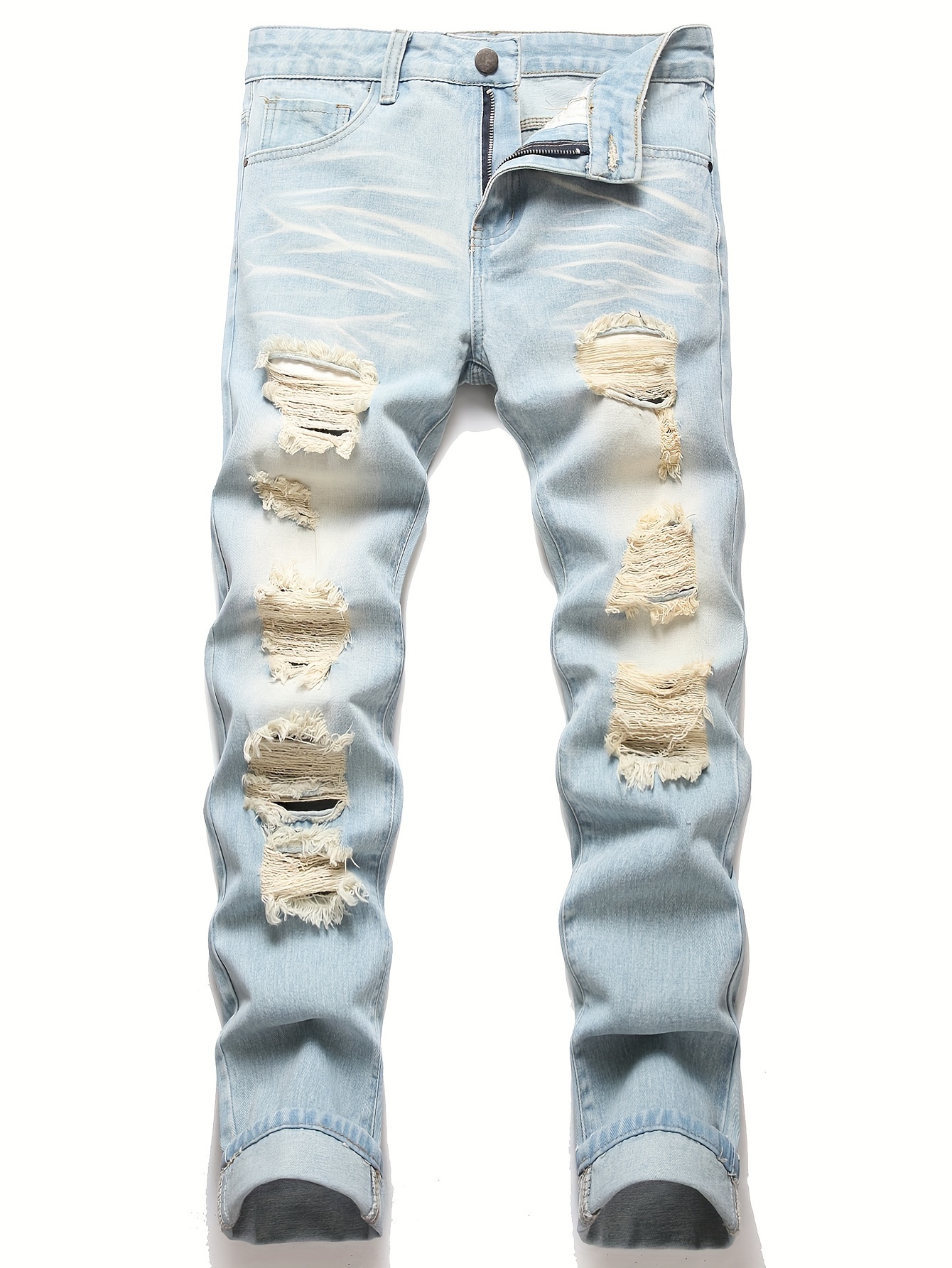 *'S Distressed *-Fit Ripped Frayed Hem Denim Light Wash Bleach Wash  Denim with *-* Built-In Zipper Closure, Vintage Streetwear