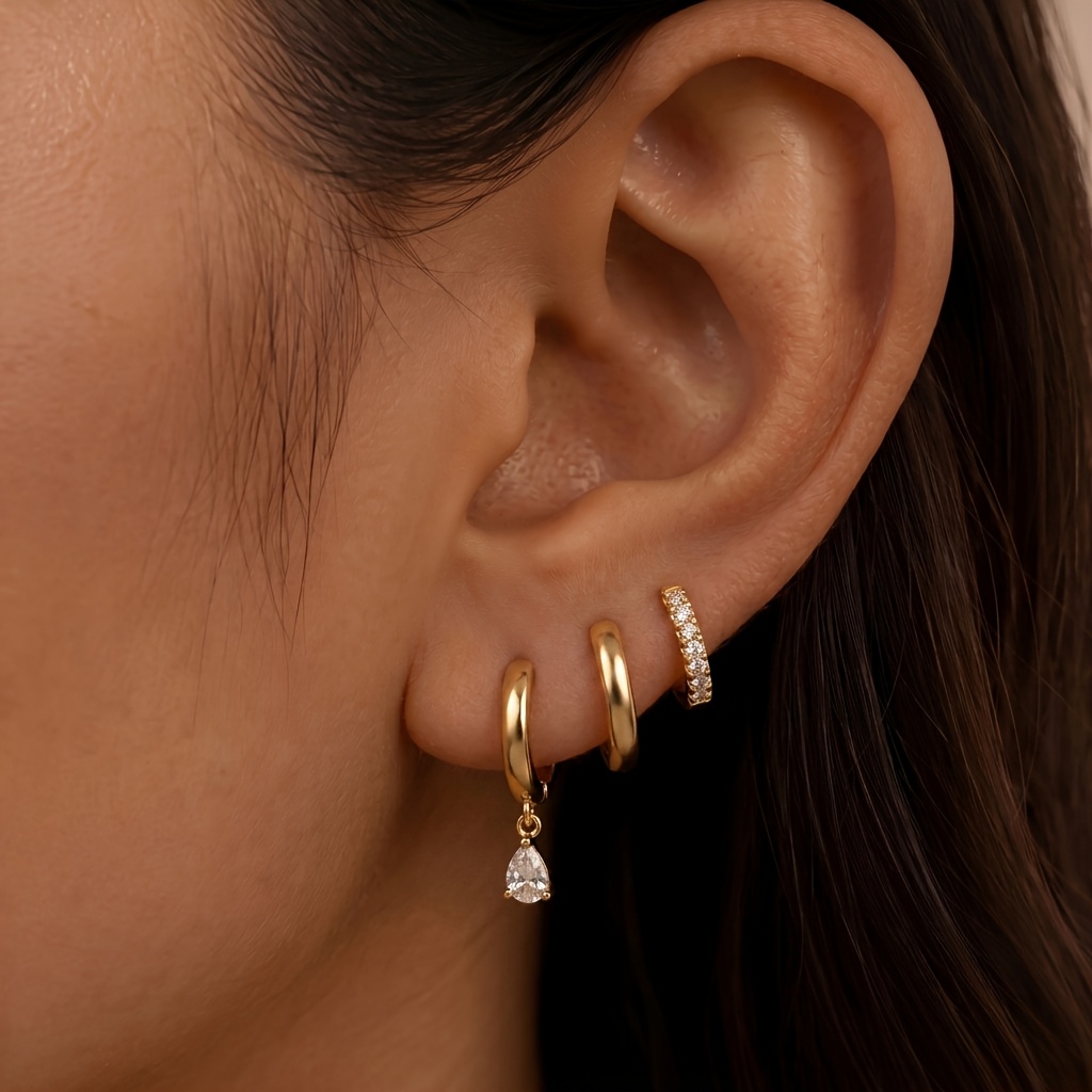 TEMU 3pcs Women's Copper Material Fashion Versatile Earring Set, Trendy Water Drop Earrings