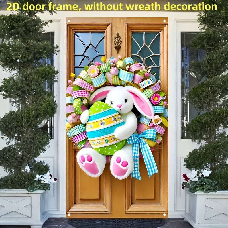 

2d Flat, Easter Bunny Wreath Door Cover, 1pc Frame With Plush Rabbit And Ribbons, Polyester 100% 35.4x70.9 Inches, Indoor/outdoor Decor, No Electricity Needed, Fit For Entryway & Room