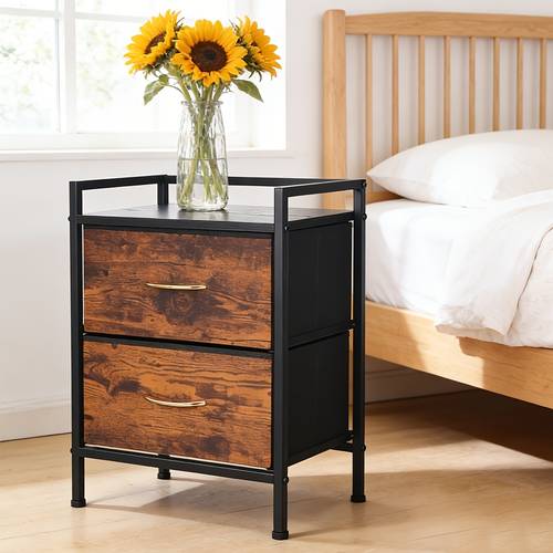 vintage industrial 2 drawer nightstand sofa bed side table with open metal shelf retro for bedroom living room
