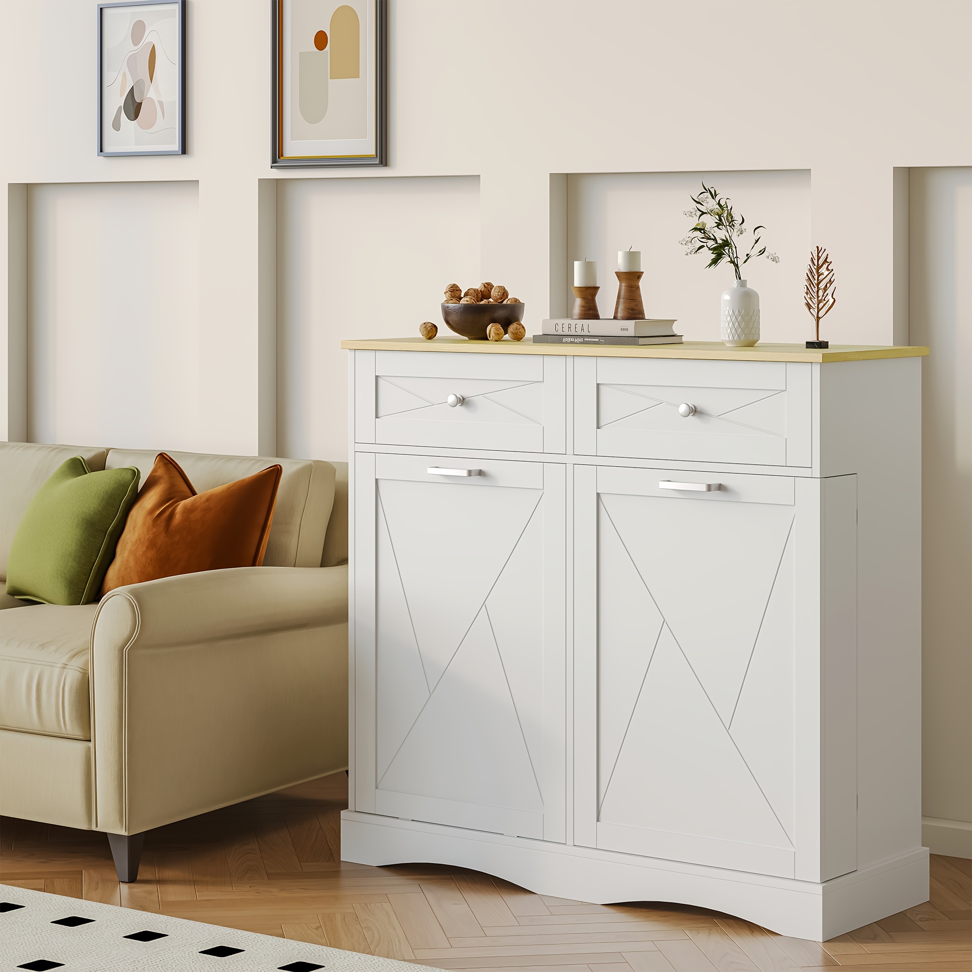 Wood Kitchen Pantry Island with Tilt-Out Trash Cabinet & Laundry Hamper - Adjustable Shelf Suitable for for, Suitable for Small Spaces, Hidden with Drawers, Tilt-Out Basket System, Space-Saving