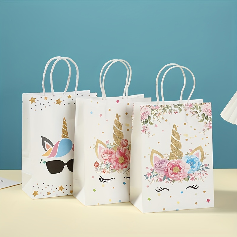 

12pcs Sacs de Courses en Fantaisistes Licorne & Floral - , Sacs Cadeaux de Haute Qualité avec Poignées en Ficelle dans des Designs Mixtes pour de Fête, et Anniversaires, Sacs Cadeaux