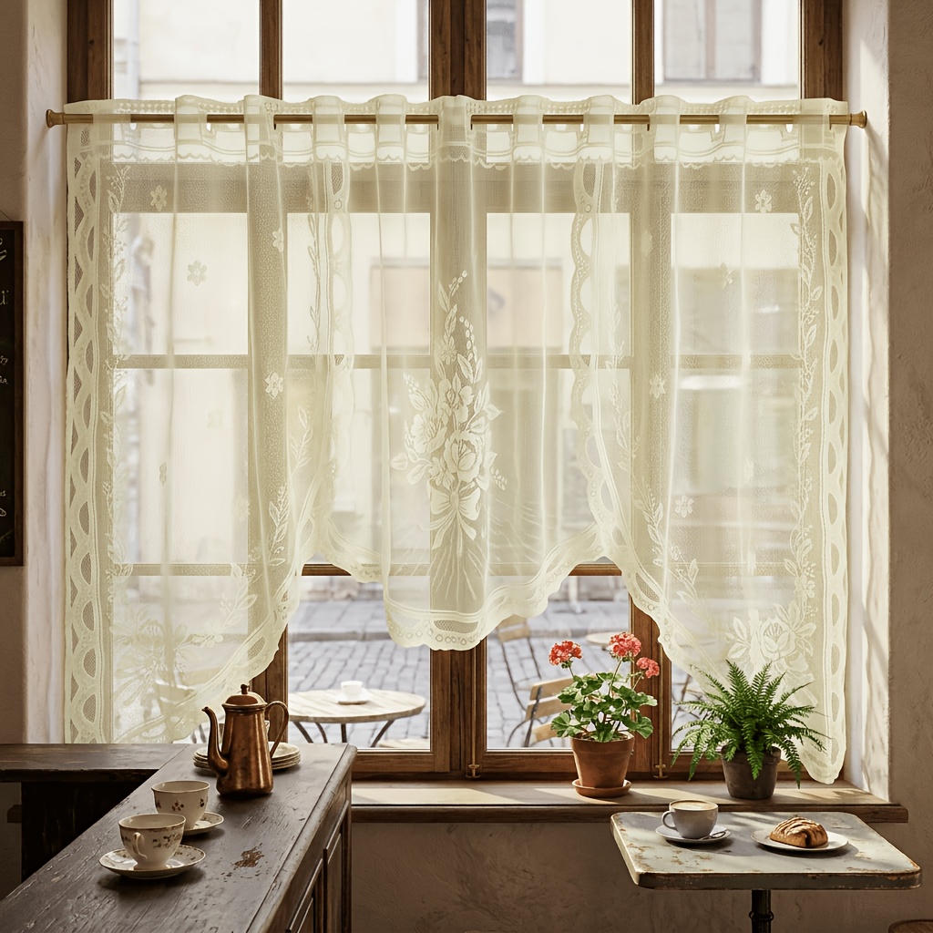 TEMU Romantic Style, White Rose Embroidery, Lace Curtains, Wavy Edges, Semi-transparent Gauze, Transparent , Windows, Bathroom Balcony Decorations,