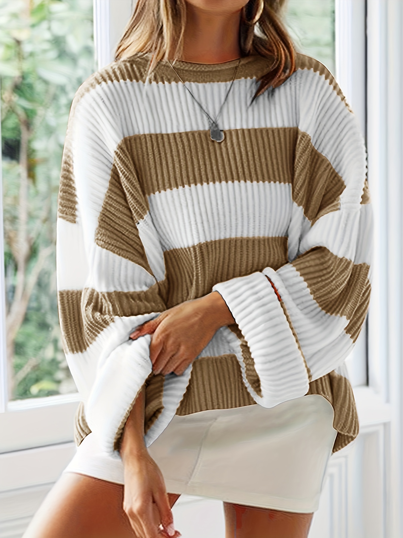womens casual striped sweater loose fit long sleeve round neck ribbed texture beige brown vertical stripes relaxed fit for fall winter casual wear relaxed fit sweater construction sweater dress linen 3