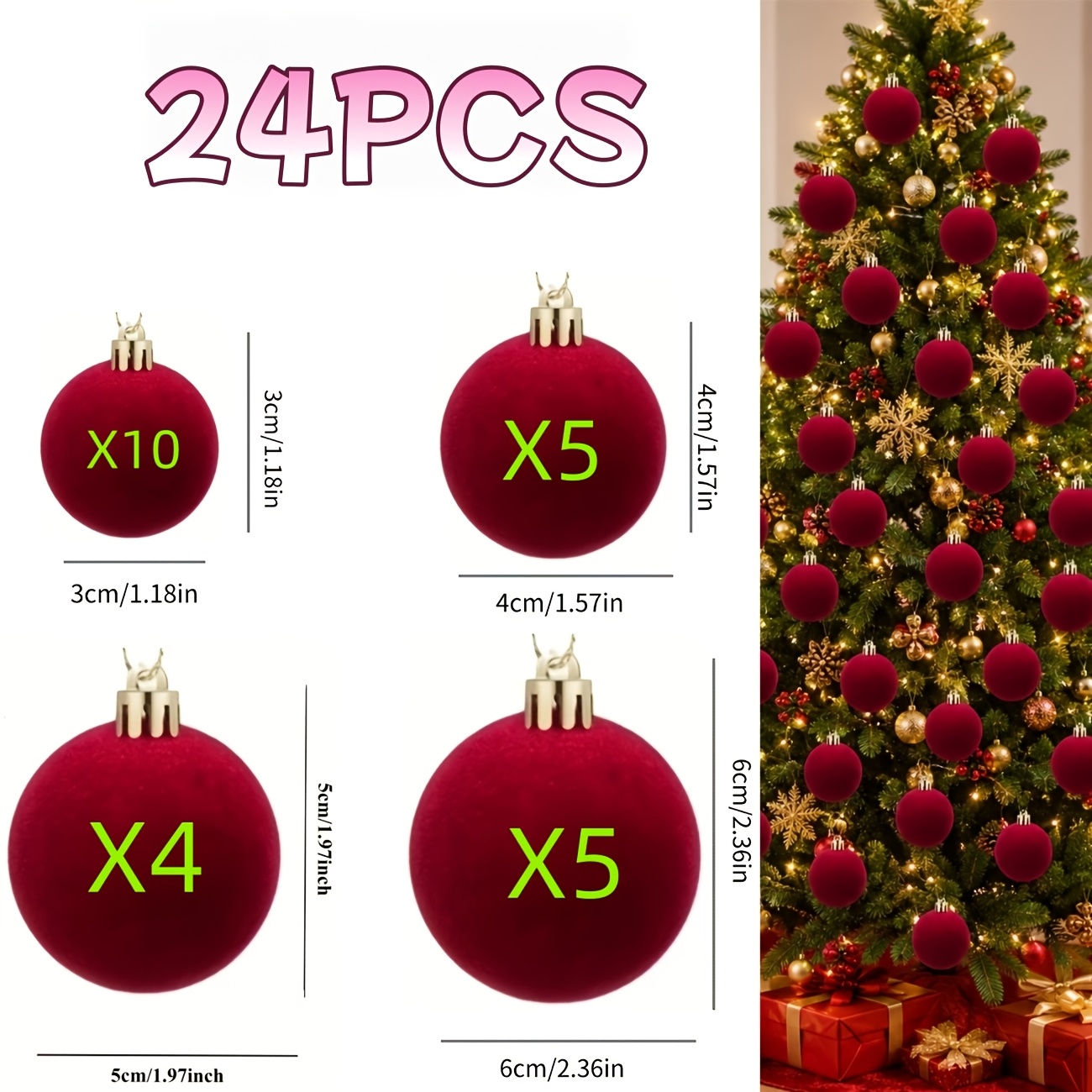 TEMU 24pcs Burgundy Velvet Christmas Balls, 4pcs Multi-sizes 3cm/4cm/5cm/6cm, Home Decor Tree Ornaments - For Halloween, Thanksgiving, Birthday, And