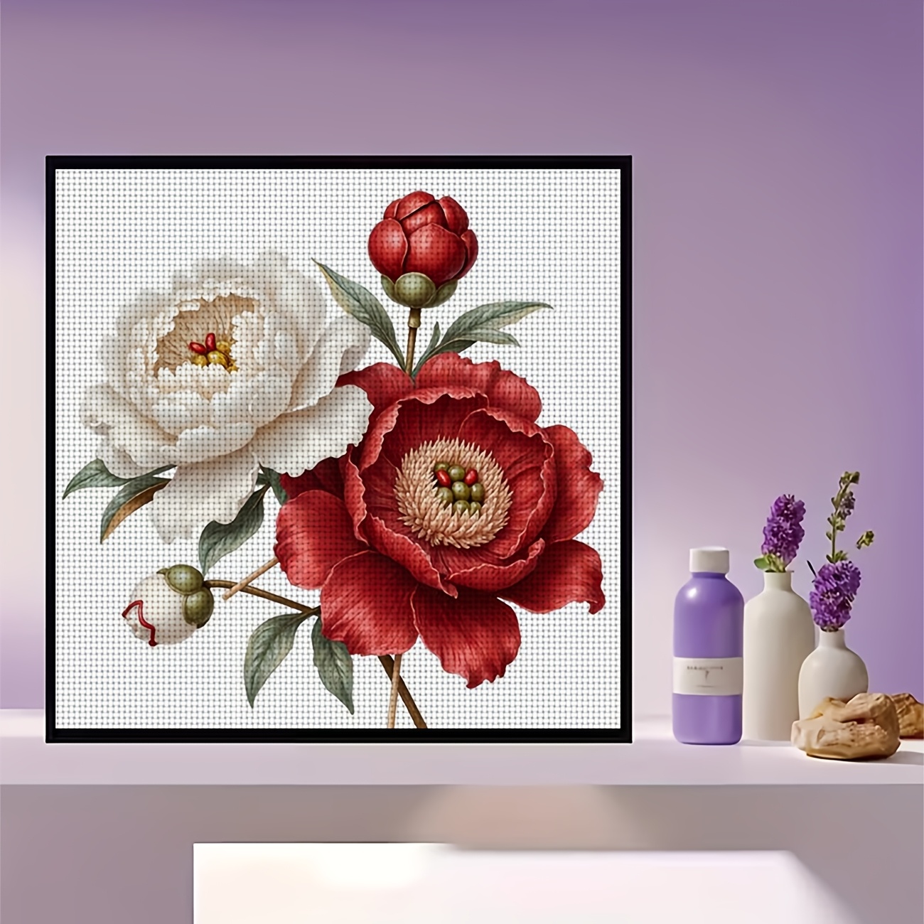 Frameless Cross Stitch Printed Kit, "White Red Peony with Green Leaves" Pattern