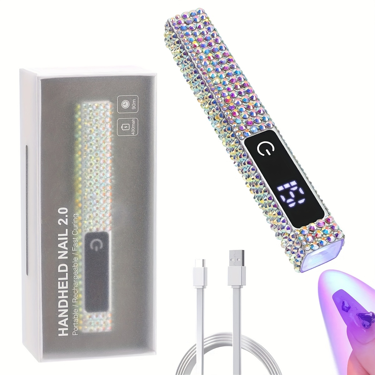Mini Crystal Nail Lamp Rechargeable Portable LED/ Nail Dryer with Touch Display and Sparkling Rhinestone Design Type-C Interface Quick Curing