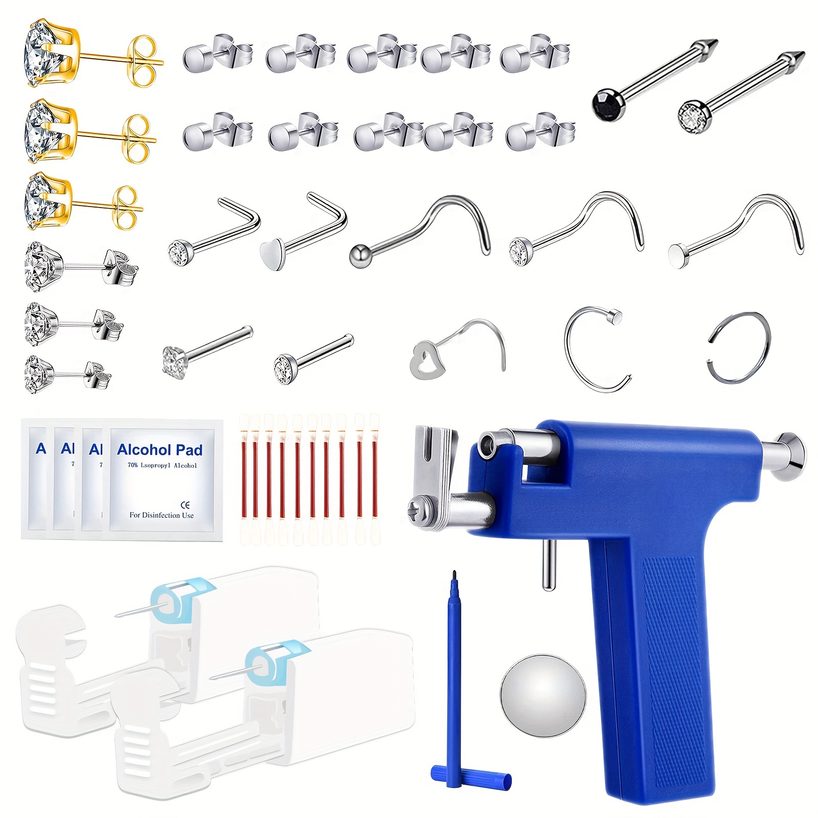 reusable ear piercing kit needles button piercing kit with silver earrings with free 2 pcs self nose piercing gun kit safety nose piercing kit tool and 10pcs nose rings